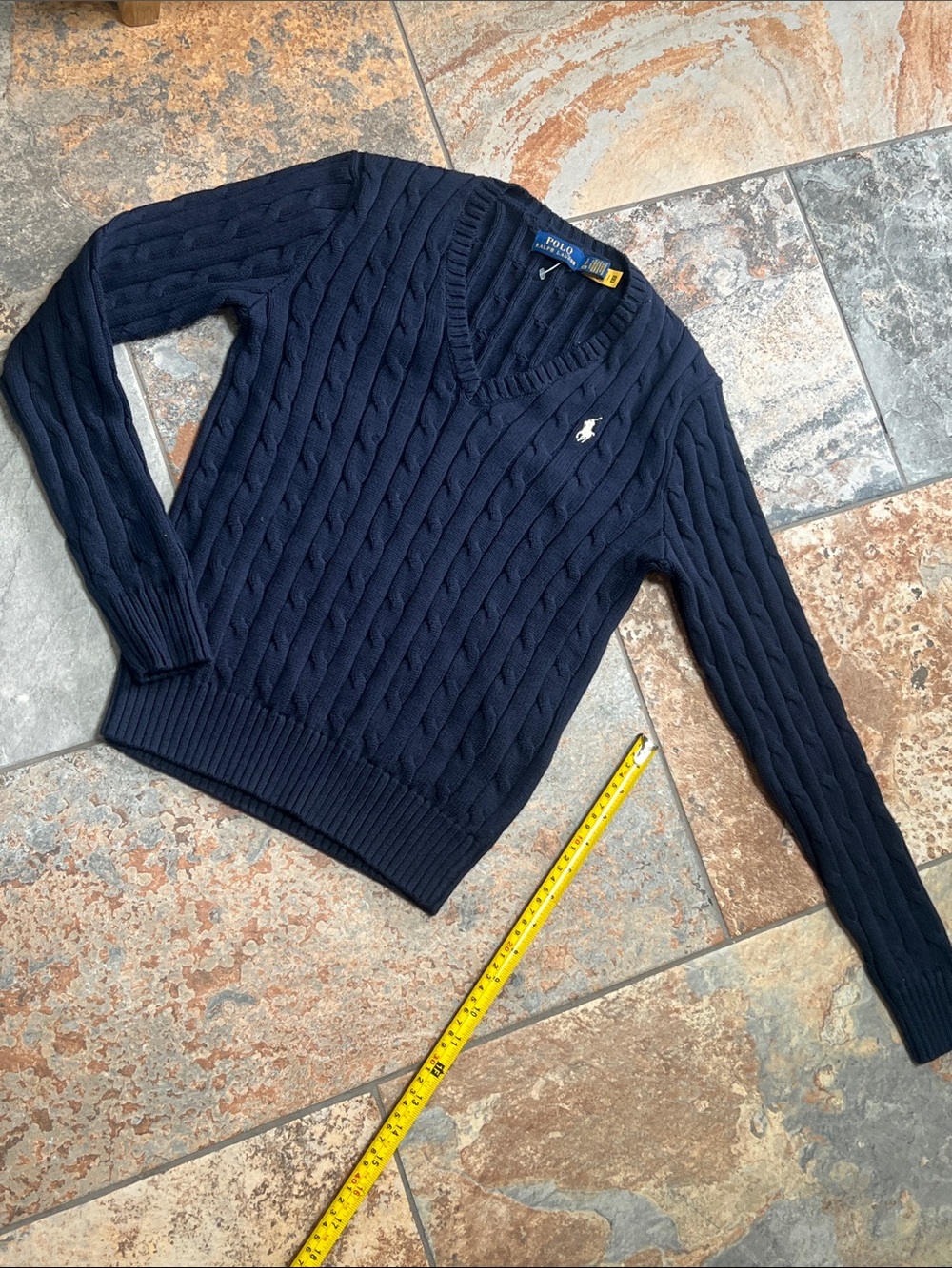 Polo by Ralph Lauren Navy Cable-Knit V-Neck Sweater with Embroidered Pony